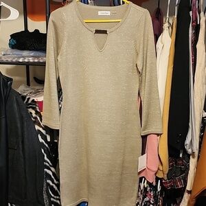 Calvin Klein Gold Metallic Neck Keyhole Sweater Dress Size Womens Small NWT